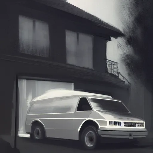 Prompt: a windowless black van parked on the street in front of an expensive modern house in a nice neighborhood, dramatic lighting, illustration by Greg rutkowski, yoji shinkawa, 4k, digital art, concept art, trending on artstation