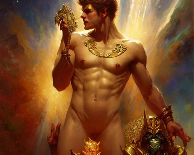 Image similar to attractive heroic male deity, summons handsome heroic lucifer morning star. highly detailed painting by gaston bussiere, craig mullins, j. c. leyendecker 8 k