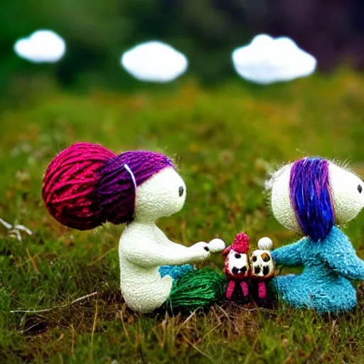 Prompt: a couple of small figurines sitting on top of a lush green field, a tilt shift photo by alexander jansson, featured on deviantart, fantasy art, made of beads and yarn, psychedelic, whimsical