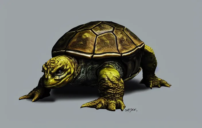 Image similar to elden ring, dark souls, strong humanoid turtle monster, photorealistic, grimdark, gruesome, full height, front view, golden ratio