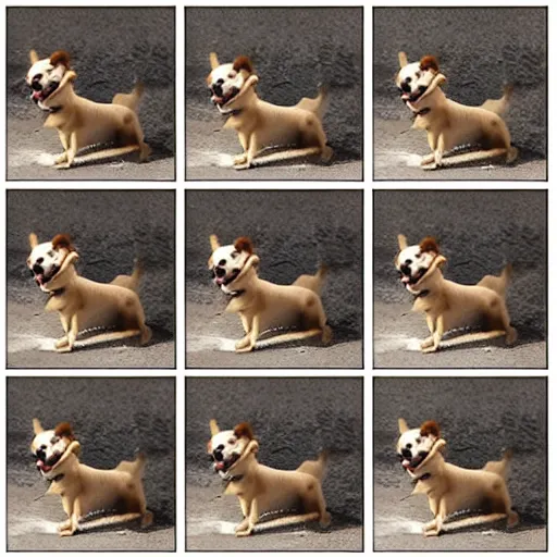 Image similar to a modern color film strip reel of a dog jumping up and down with 9 frames