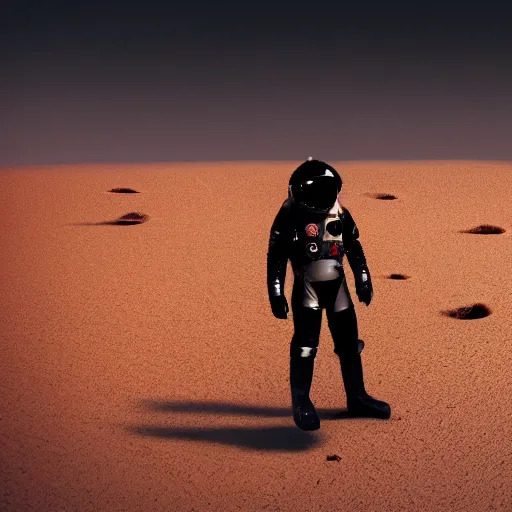 Prompt: a movie still of a spaceman in a futuristic black space suit on a desert planet