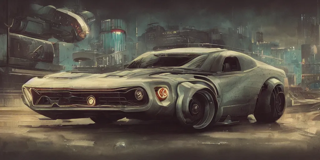 Image similar to vintage muscle car design, futuristic, kyza, ash thorp, simon stalenhag, hard surface, cyberpunk , sci-fi, wide body, sport car, exotic, in watercolor gouache detailed paintings