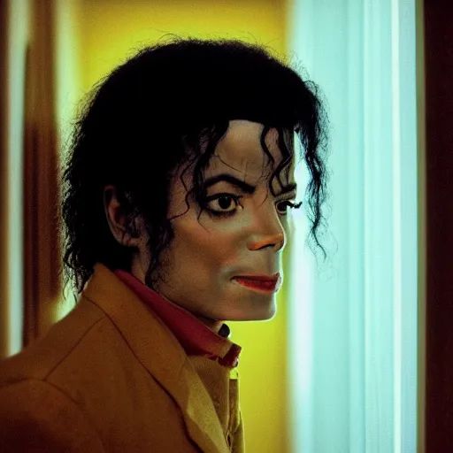 Image similar to a cinematic film still of Michael Jackson starring in The Shining, portrait, 40mm lens, shallow depth of field, close up, split lighting, cinematic