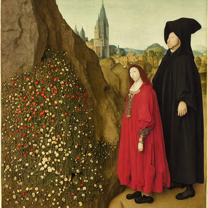 Image similar to a woman wearing a hooded cloak made of flowers, standing next to a man made of stone, by Jan van Eyck