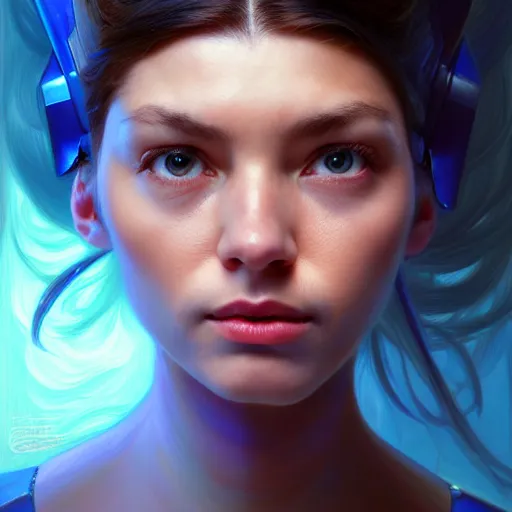 Image similar to head and shoulders portrait of a female Megaman hyperrealistic, digital illustration, dark fantasy, medium shot, intricate, elegant, highly detailed, digital painting, volumetric light, artstation, concept art, smooth, sharp focus, illustration by Sachin Teng, armor by Donato Giancola, face by Gil Elvgren, paintstrokes by Greg Manchess, background by Alphonse Mucha