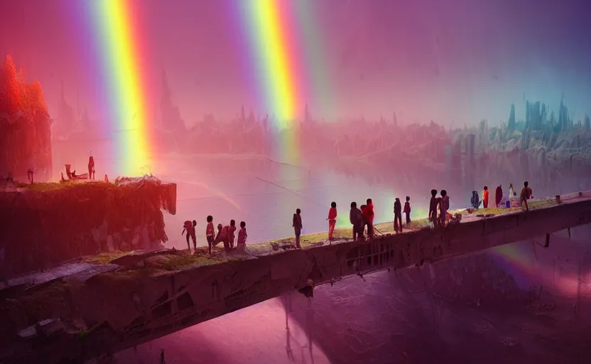 Prompt: incredible, mindblowing, refugees crossing a ruined bridge made of rainbow hardlight, floating city in the sky, matte painting, artstation, cgsociety, dramatic lighting, concept art, octane render, arnold 3 d render