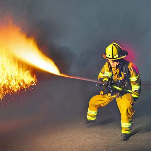 Image similar to photo of a firefighter using a flamethrower projecting a long flame. award-winning, highly-detailed