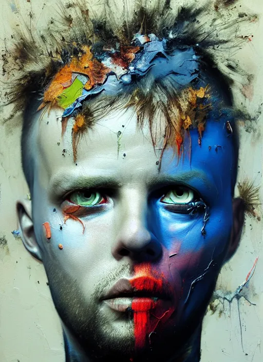 Prompt: gediminas pranckevicius photoreal colorful gouache impasto portrait of rebel punk!!!! by nicola samori and russ mills, blue glowing aggressive led eyes, zbrush, greeble skin, dripping color, octane render