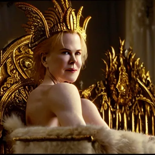 Prompt: cinematic scene with a twenty year old nicole kidman on a majestic throne as the goddess of war, dramatic, small details, volumetric lighting, still frame