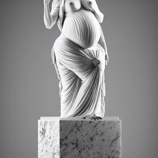 Image similar to a statue made of white marble with gold veins, of a fully dressed beautiful pregnant woman, wearing a dress, perfect symmetrical body, perfect symmetrical face, closed eyes, hyper realistic, hyper detailed, fujicolor superia, bokeh background, full body shot, vatican, by peter kemp, by monia merlo octane render, blender, 8 k