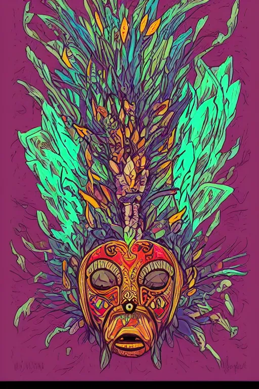 Image similar to animal mask totem roots flower tribal feather gemstone plant wood rock shaman vodoo video game vector cutout illustration vivid multicolor borderlands comics by josan gonzales and dan mumford radiating a glowing aura