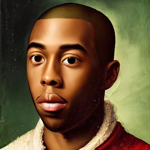 Image similar to a renaissance style portrait painting of tyler the creator