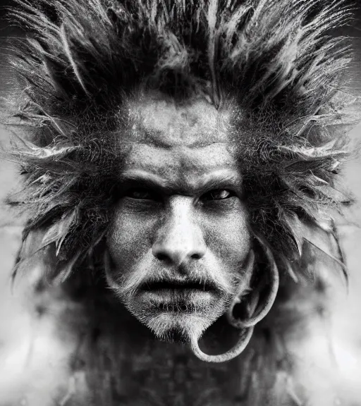 Prompt: Award winning Editorial photograph of Early-medieval Scandinavian Folk monster with incredible hair and beautiful hyper-detailed eyes in a lightning storm by Lee Jeffries, 85mm ND 4, perfect lighting, gelatin silver process