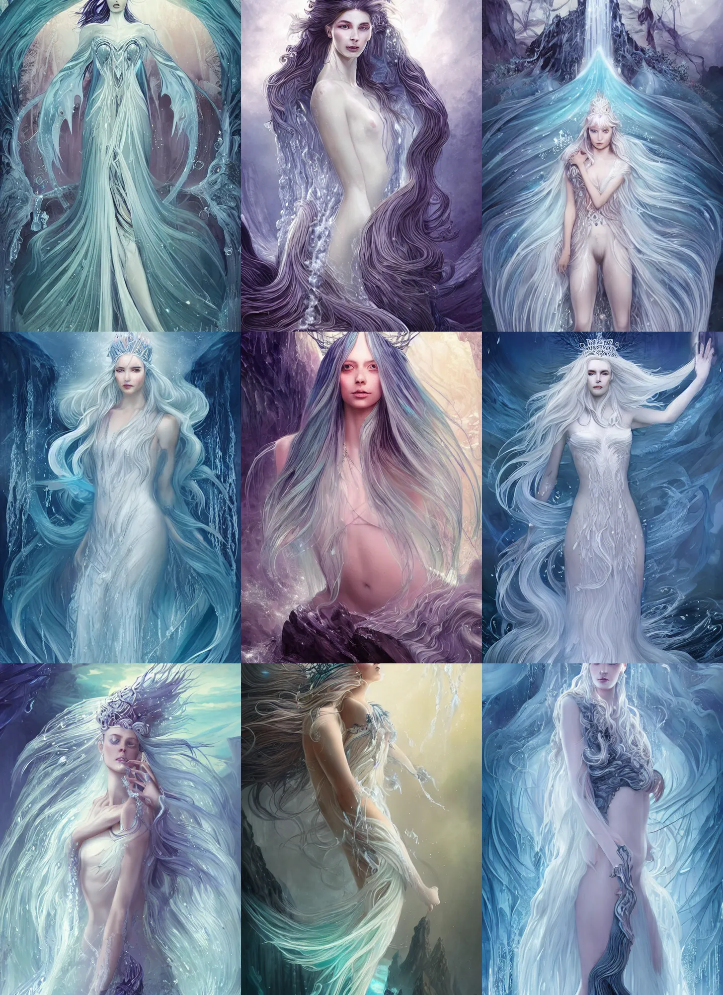 Prompt: fantasy queen made of ice flowing long hair like a waterfall rising from the water, full body and face, sophisticated, fractals background, horizontal symmetry, epic light, intricate, extremely detailed, artstation, art by charlie bowater, kay nielsen and wadim kashin, zeen chin and terada katsuya