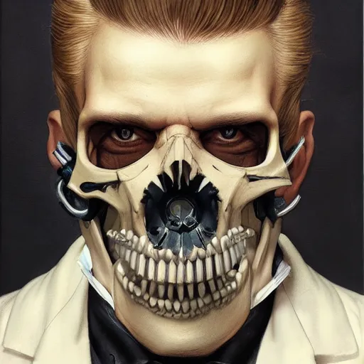 Image similar to frontal portrait of a suited blond with medical gloves and a skull face mask, by Gerald Brom, Kim Kyoung Hwan and Norman Rockwell