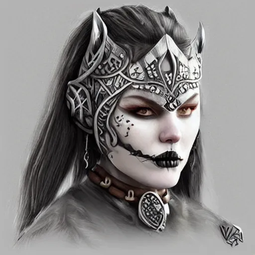 Image similar to a norse woman, facial piercings, very symmetrical, furry warrior's clothing, skull jewelery, highly detailed, by vitaly bulgarov, joss nizzi, ben procter, steve jung, concept art, concept art world, pinterest, artstation, unreal engine