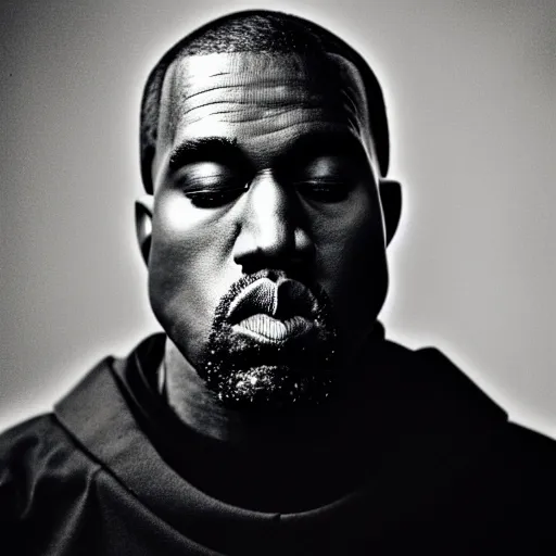 Image similar to a split lighting portrait of kanye west dressed as rick owens, black background, portrait by julia margaret cameron, shallow depth of field, 8 0 mm, f 1. 8