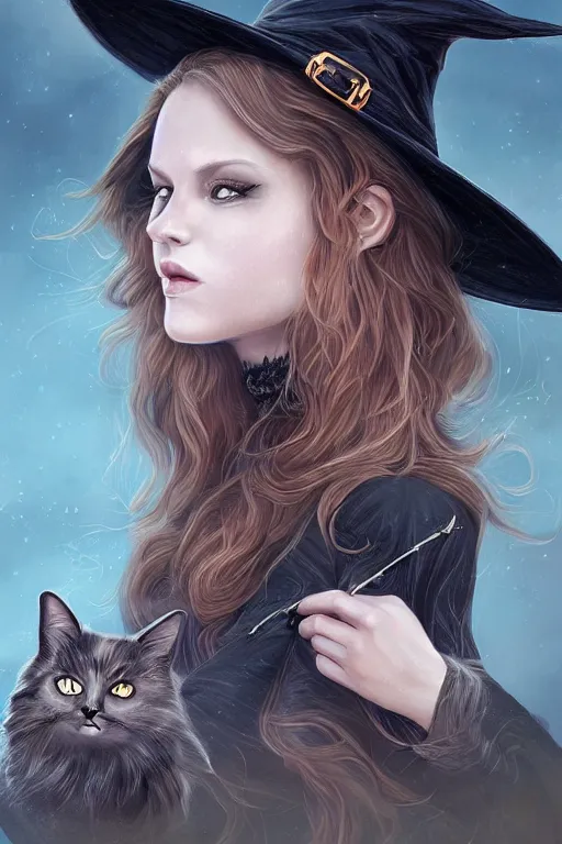 Image similar to A extremely beautiful portrait of a cute witch and her cat, surreal, ultradetailed, intricate, elegant, lithe, detailed, digital painting, artstation, concept art, smooth, sharp focus, illustration