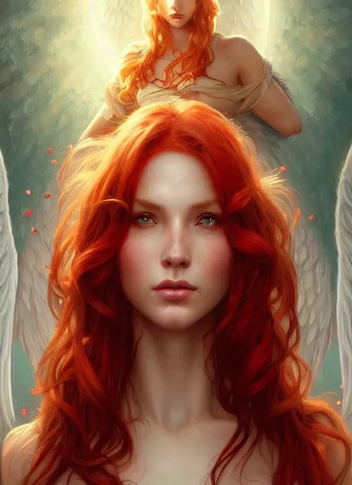 Prompt: a beautiful red haired woman a an angel, deep focus, d & d, fantasy, intricate, elegant, highly detailed, digital painting, artstation, concept art, matte, sharp focus, illustration, hearthstone, art by artgerm and greg rutkowski and alphonse mucha