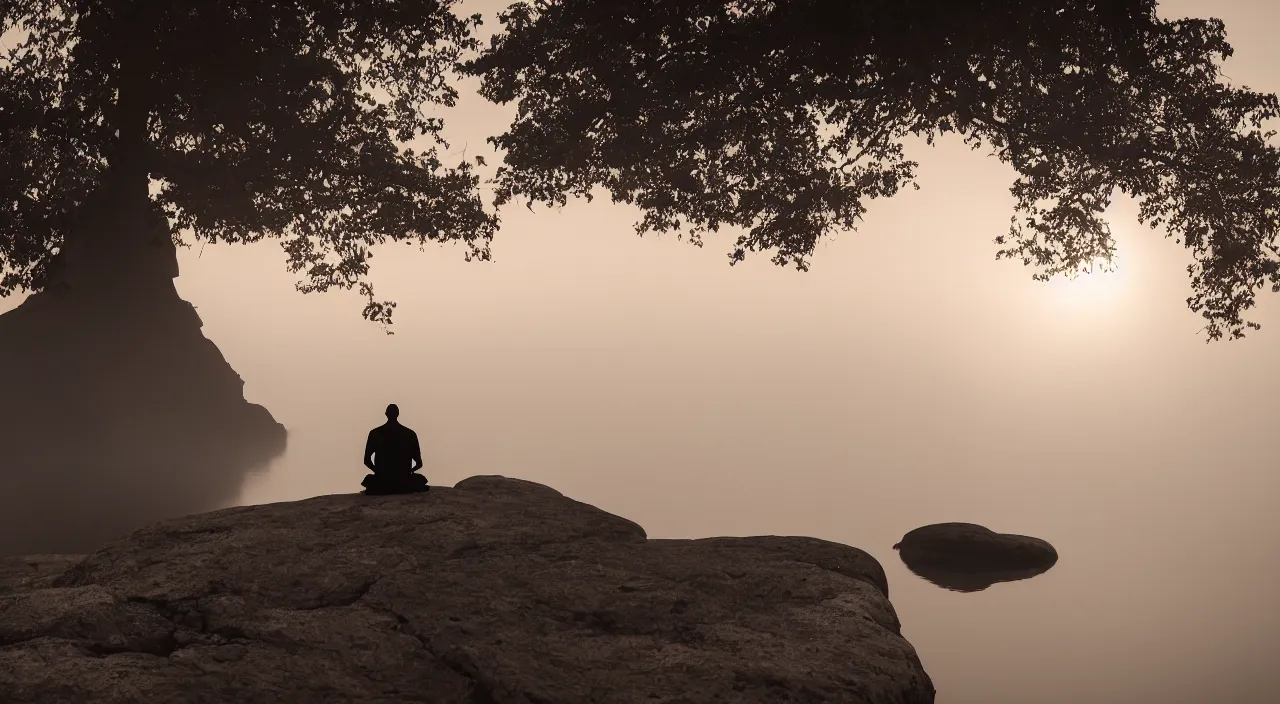 Prompt: a lonely silhouette of a meditating monk sitting in the fog on a stone protruding from the water in the rays of the morning sun, in the style of matthew snowden, 8 k resolution,