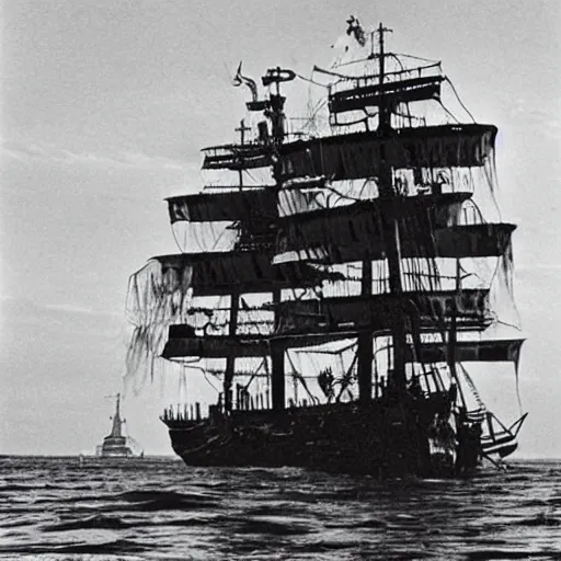 Prompt: an impossibly huge pirate ship, being attacked by a kraken, giant tentacles. 1980s photograph