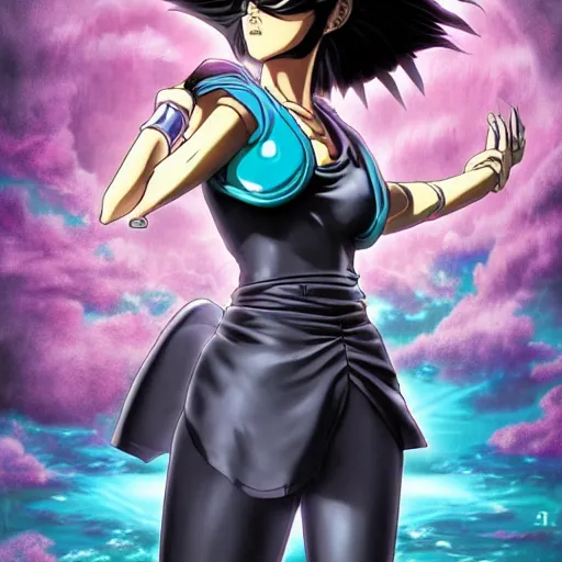 Image similar to a modern age goddess of death in the style of akira toriyama in the style of Hirohiko Araki detailed realistic High Resolution HD 8k