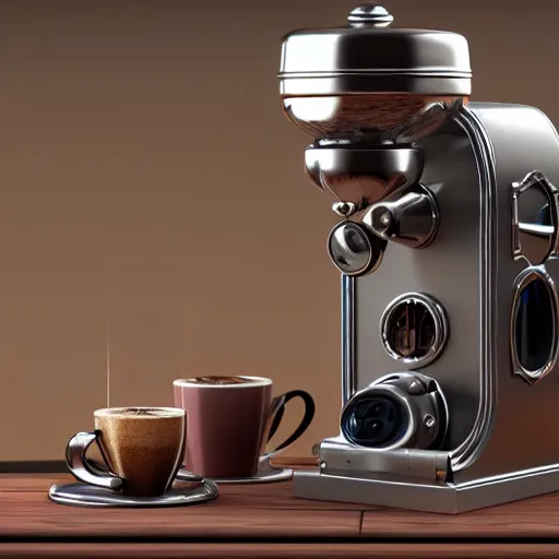 Image similar to a retrofuturistic mechanical coffee grinder, ultra detailed, octane render, 8 k, hyper realistic, studio lighting, realistic materials