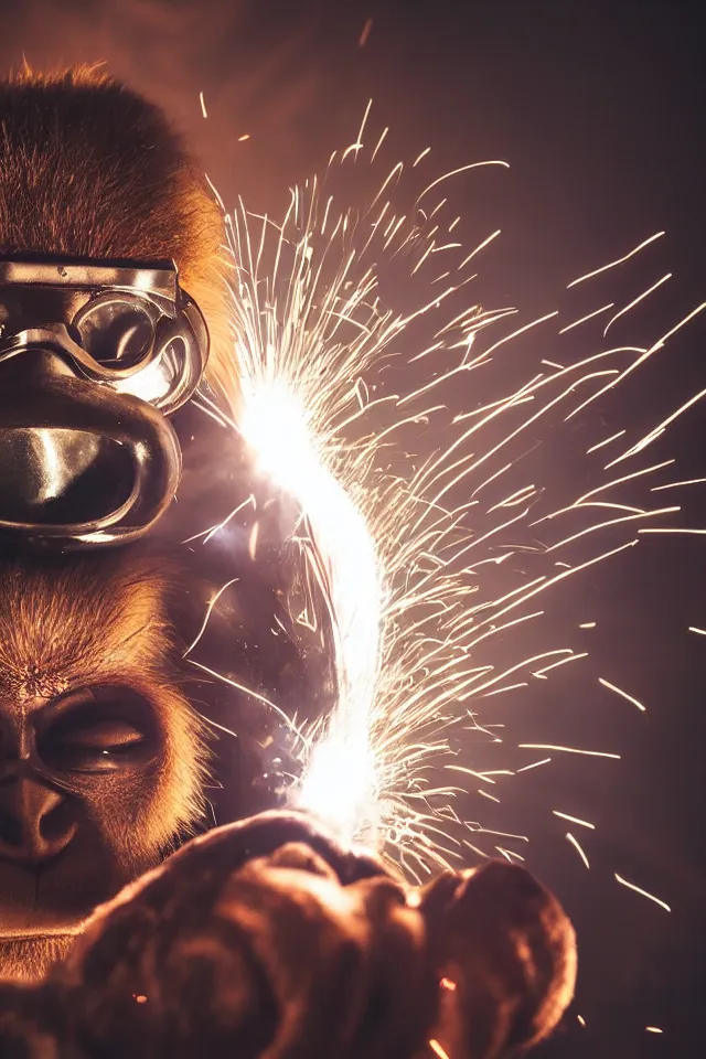 Prompt: portrait photograph a super villain wearing a monkey mask and welding goggles medium shot, dark background, lit from above,