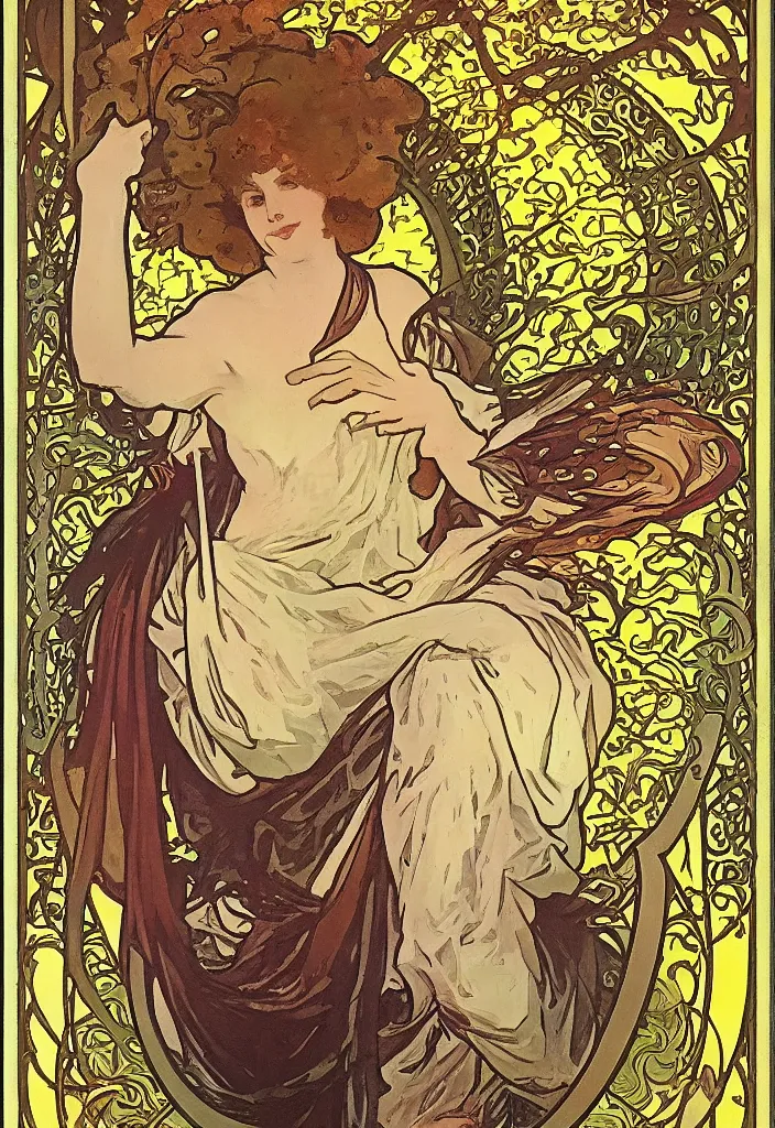 Image similar to the Fool on a tarot card, tarot in art style by Alphonse Mucha