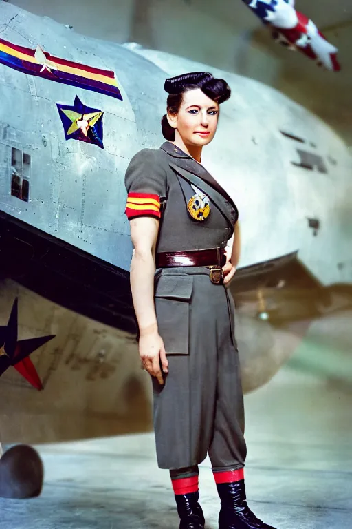 Image similar to 5 0 mm f 8 full body wide shot portrait colorized photography of a wwii bomber pilot who's a mix of cleopatra and mata hari with grey eyes and rainbow ponytail hair, expression concentrated, setting is in a starship hangar bay, by omar z. robles