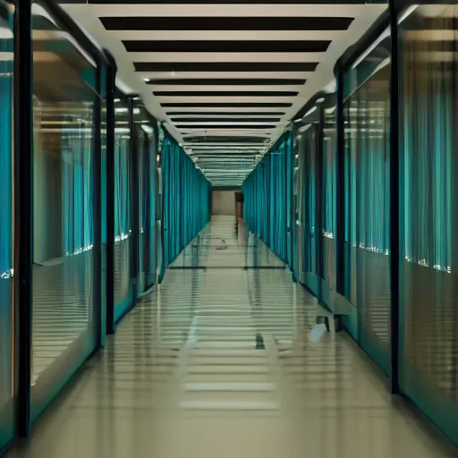 Prompt: a long hallway with glass walls looking into rooms filled with researchers and science experiments and artwork and machines cinematic teal dark hbo, highly realistic, octane render, architectural render, atmospheric, 4k