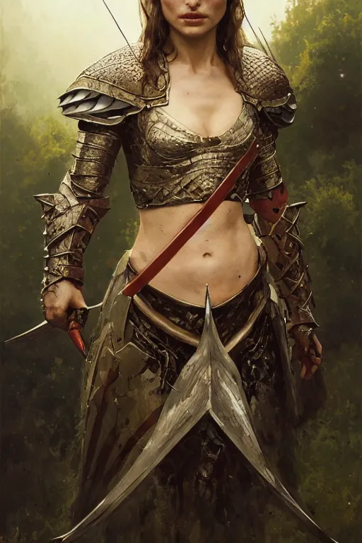 Image similar to natalie portman, legendary warrior, heroic, lord of the rings, tattoos, decorative ornaments, battle armor, by carl spitzweg, ismail inceoglu, vdragan bibin, hans thoma, greg rutkowski, alexandros pyromallis, perfect face, fine details, realistic shading photorealism