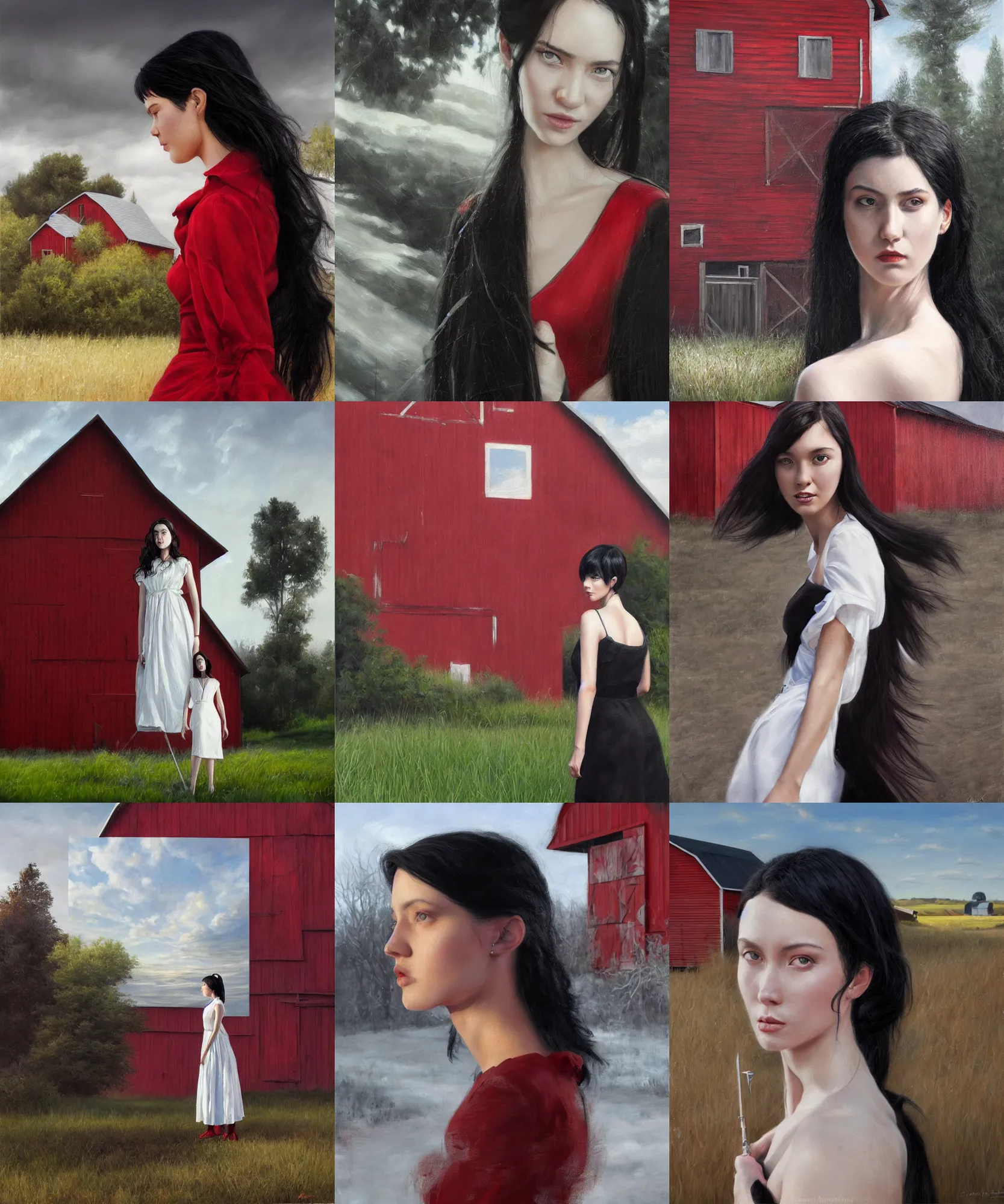 Prompt: hyper realistic detailed painting of a young woman in the shadow of a red barn. black hair, white dress, sharp focus, art by eddie mendoza, wide angle.