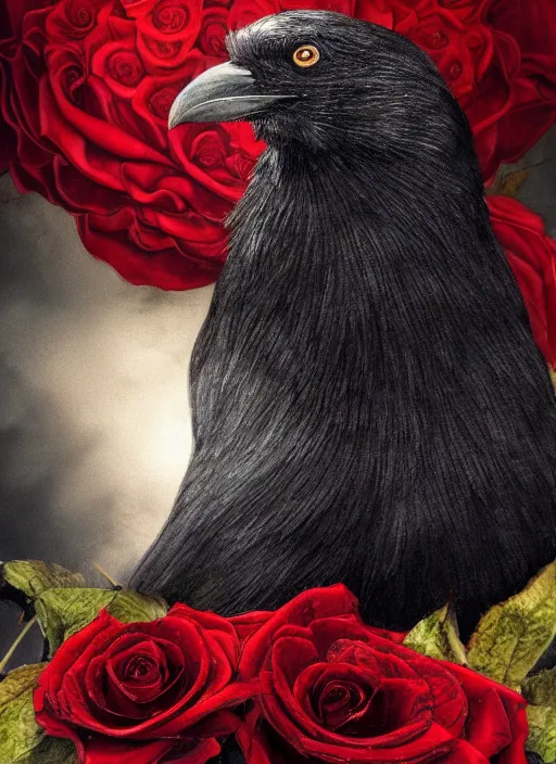 Image similar to red and golden color details, portrait, A crow with red eyes in front of the full big moon, book cover, red roses, red white black colors, establishing shot, extremly high detail, foto realistic, cinematic lighting, by Yoshitaka Amano, Ruan Jia, Kentaro Miura, Artgerm, post processed, concept art, artstation, raphael lacoste, alex ross, portrait, A crow with red eyes in front of the full big moon, book cover, red roses, red white black colors, establishing shot, extremly high detail, photo-realistic, cinematic lighting, by Yoshitaka Amano, Ruan Jia, Kentaro Miura, Artgerm, post processed, concept art, artstation, raphael lacoste, alex ross