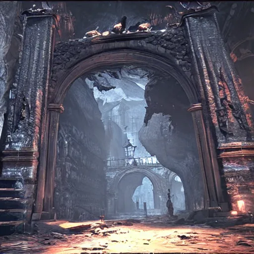 Image similar to a cave entrance in the middle of a city, screenshot from bloodborne, professional work, stunning screenshot