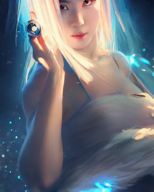 Image similar to stunningly beautiful female dj, blue hair, cute korean actress, dj sura, laser lights, sharp focus, digital painting, 8 k, concept art, art by wlop, artgerm, greg rutkowski and alphonse mucha