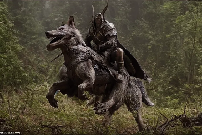 Image similar to vfx movie closeup detailed ancient armored warrior orc hunting riding large wolf in the forest, natural lighting by emmanuel lubezki