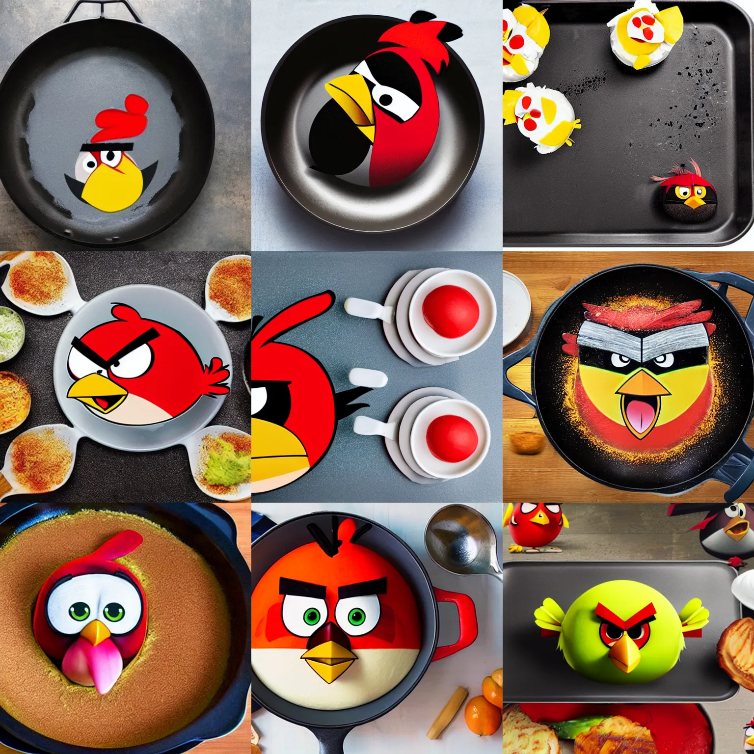 Prompt: angry bird in a pan, picture from food wars