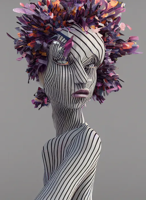 Image similar to an anthromorphic beautiful bee woman wearing striped couture made out of wax and paper and flower petals, at a fashion shoot, by issey miyake, trending on Art Station, 3D, octane render,