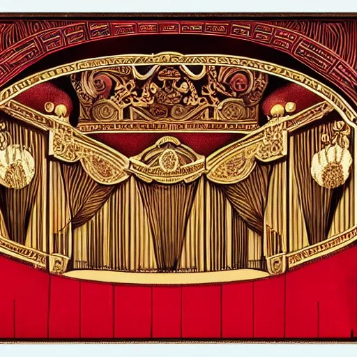 Image similar to photo of a mural of an opera house playbill from the early 1 9 0 0 s in the style of art nouveau, red curtains, art nouveau design elements, art nouveau ornament, opera house architectural elements, painted on a brick wall