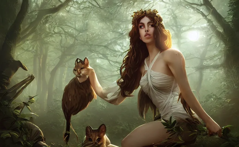 Prompt: Greek Goddess Artemis in moonlit forest with animals, medium shot portrait by artgerm loish and WLOP, octane render, dynamic lighting, asymmetrical portrait, dark fantasy, cool toned, trending on ArtStation