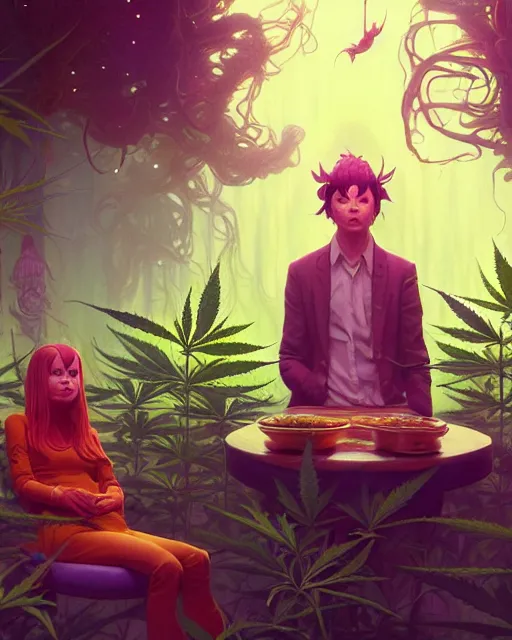 Image similar to highly detailed surreal vfx portrait of a marijuana weed cult, stephen bliss, unreal engine, greg rutkowski, loish, rhads, beeple, makoto shinkai and lois van baarle, ilya kuvshinov, rossdraws, tom bagshaw, alphonse mucha, global illumination, detailed and intricate environment