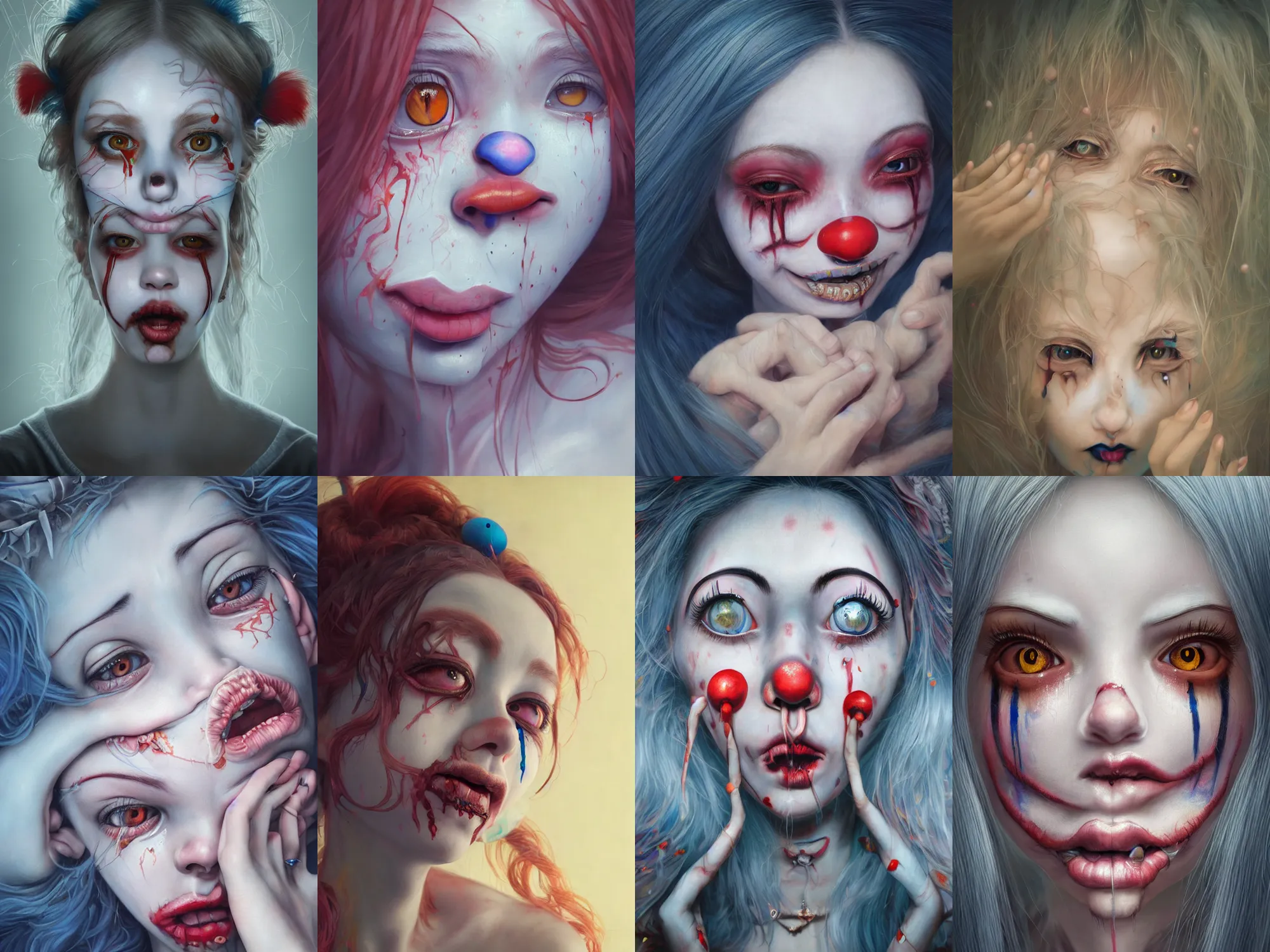 Prompt: breathtaking detailed painting of clown girl crying, piercing eyes, james jean, miho hirano, extremely moody lighting, hyperrealistic, octane render, rpg portrait, ambient light, dynamic lighting