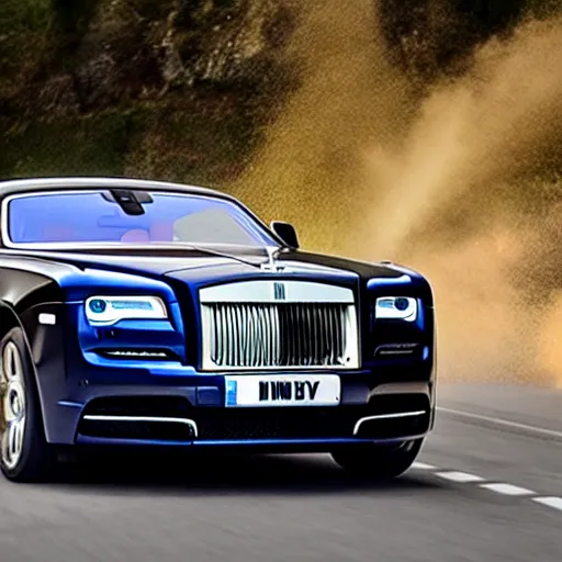 Prompt: rolls royce wraith with jet engine attached driven by muscular balding man