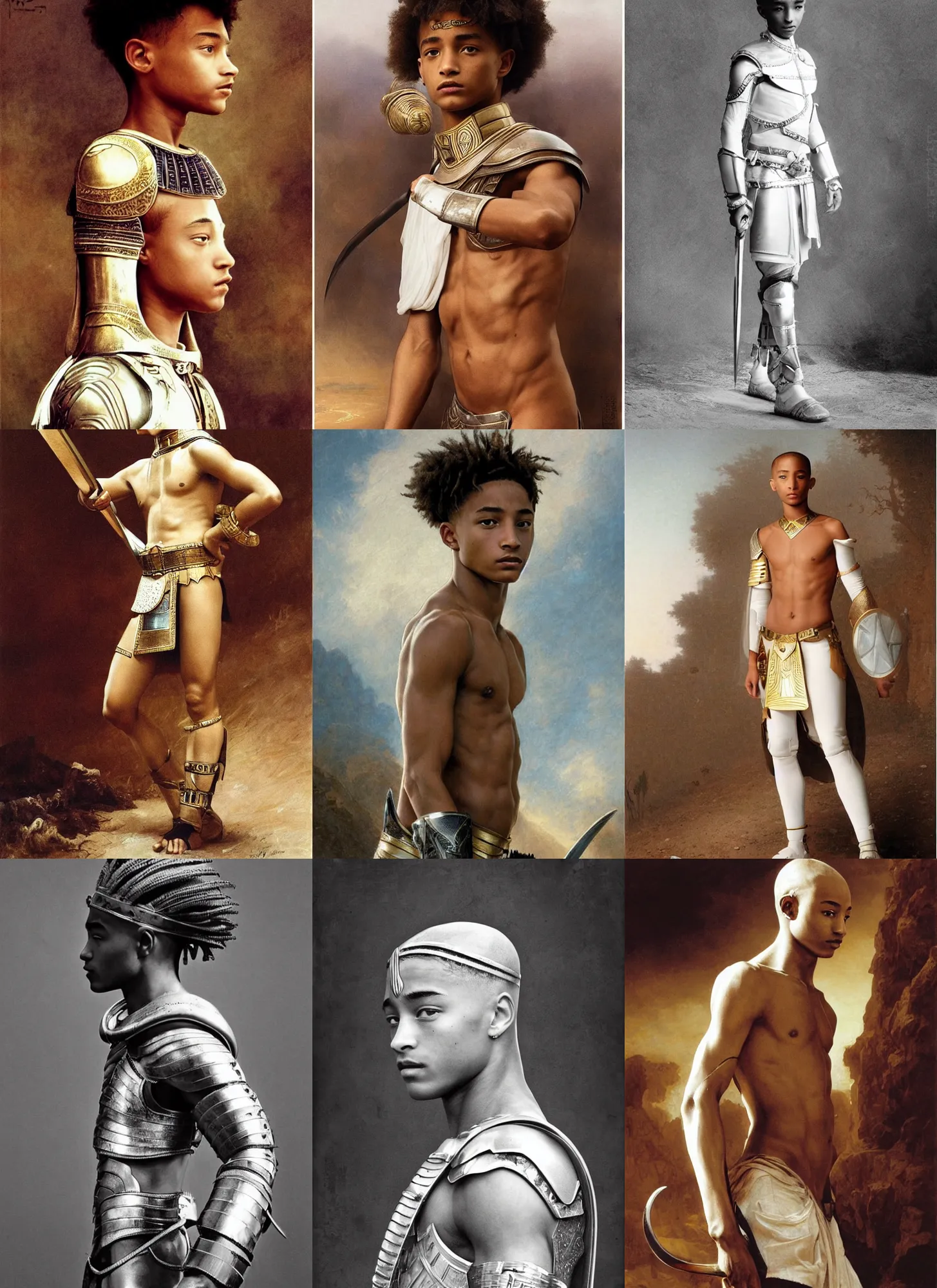 Prompt: jaden smith as young egyptian warrior, white leather armor, shaved head, intricate, sharp focus, illustration, orientalism, bouguereau, rutkowski, jurgens