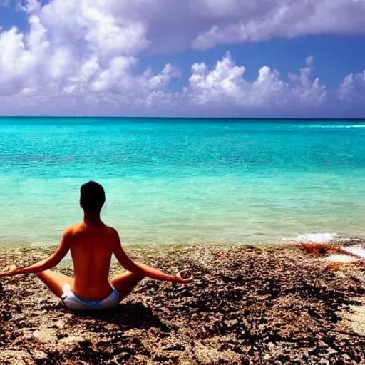 Image similar to meditating on beach in caribbean, high detailed, clear, devinart