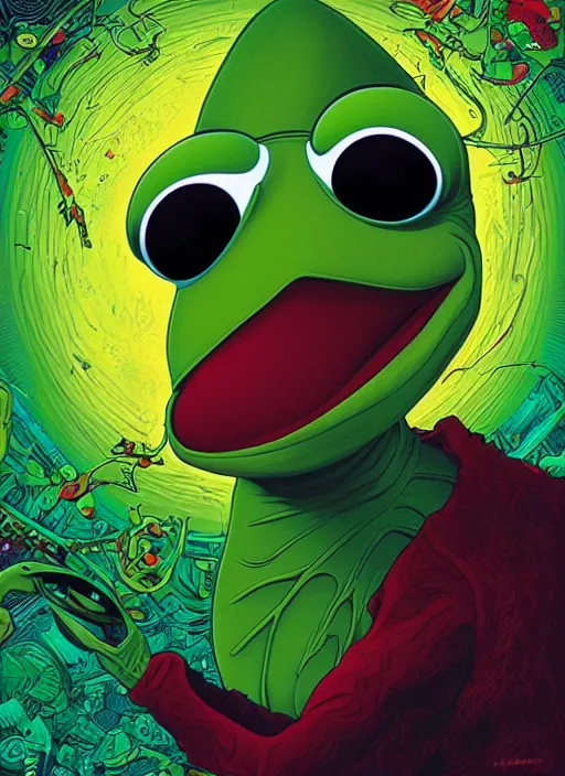 Image similar to Portrait of Kermit the frog, Kilian Eng, Dan Mumford, Jason Edmiston, detailed