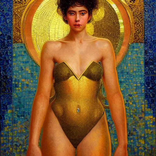 Image similar to epic masterpiece full body portrait a beautiful woman, with a beautiful face and flawless golden skin, gold body paint, blue tile mosaic in the background, bathhouse, by Edgar Maxence and Ross Tran and Michael Whelan