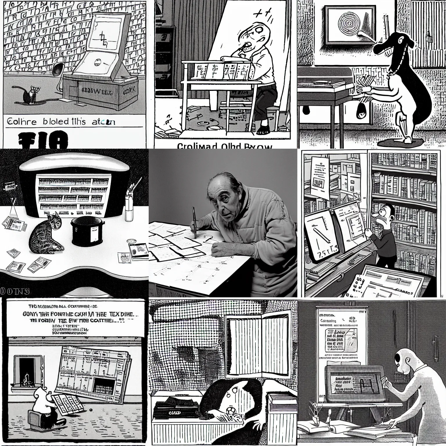 Prompt: b + w picture of cold and calculating gombrowicz careful tax shelter, artwork by gary larson